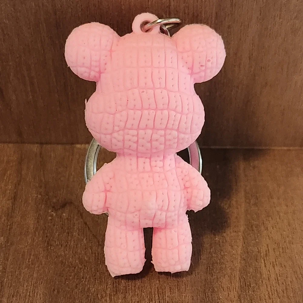 Pink‎ Quilted Teddy Bear Keychain Gold Heart Nose Bow Tie Bag Charm Accessory